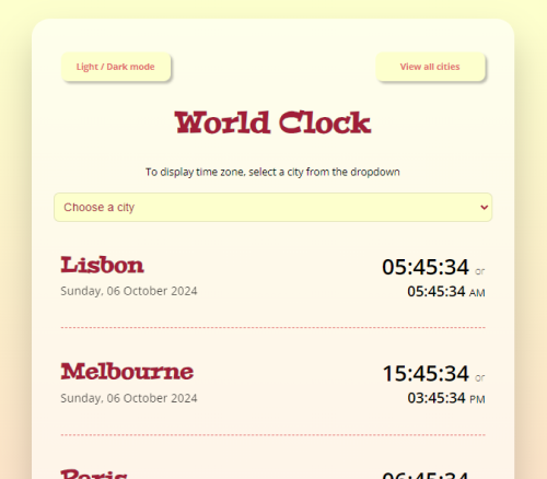 World clock application webpage screen shot