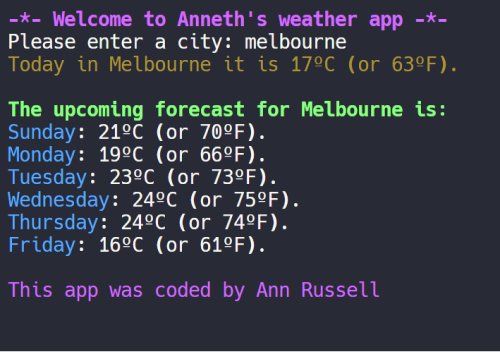 Python weather application webpage screen shot