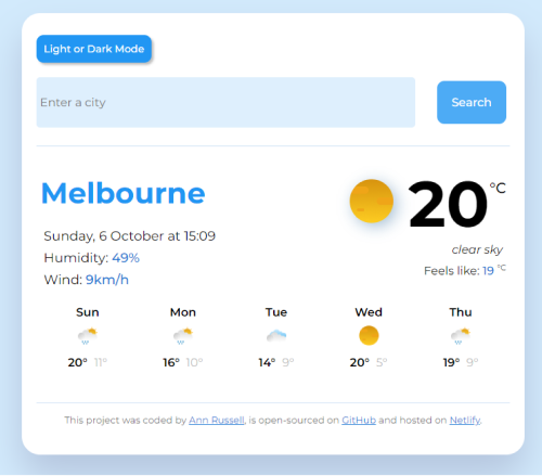 Weather application webpage screen shot